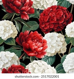 Patrón de Vector sin fisuras con hortensias rojas y blancas y flores de peonía aisladas sobre un fondo cambiante. Ilustración de estilo de pintura de Antiguas.