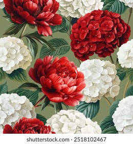 Patrón de Vector sin fisuras con hortensias rojas y blancas y flores de peonía aisladas sobre un fondo cambiante. Ilustración de estilo de pintura de Antiguas.