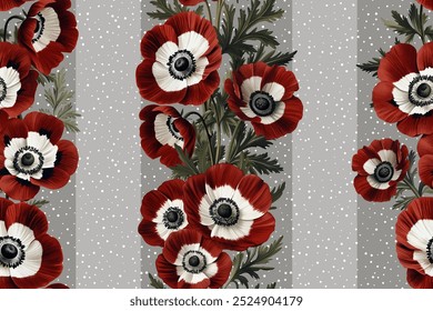Padrão de vetor sem costura com flores de anêmona vermelhas e brancas isoladas em um fundo mutável. Estilo de pintura vintage.