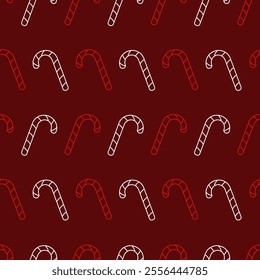 Seamless vector pattern with red and white linear candy canes on a dark red background
