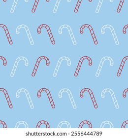 Seamless vector pattern with red and white linear candy canes on a blue background