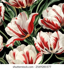 Seamless vector pattern with red and white tulip flowers isolated on a changeable background. Vintage painting style illustration.