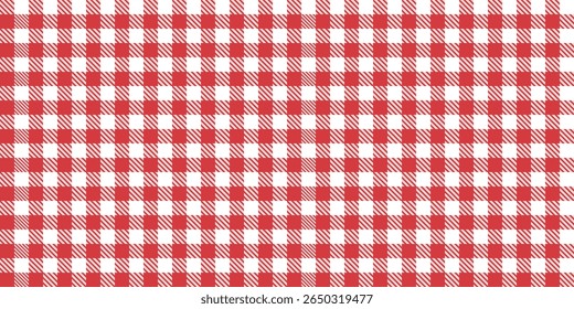 Padrão de vetor sem costura com design de cheque gingham vermelho e branco, tecido de toalha de mesa de piquenique, fundo de verão clássico, layout de tecido quadrado geométrico retro para moda sazonal e usos decorativos