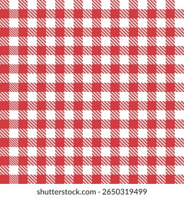 Seamless vector pattern with red and white gingham check design, picnic tablecloth textile, classic summer background, retro geometric square fabric layout for seasonal fashion and decorative uses