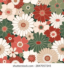 Seamless vector pattern with red, white and green Christmas flowers. Hand drawn retro winter floral design on isolated dark green background. Perfect for textile, wallpaper or wrapping paper design.