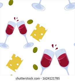 Seamless vector pattern of red wine in glasses with splashes of drink, slices of cheese and olives on a white background. For packaging paper, textiles, fabric, Wallpaper.