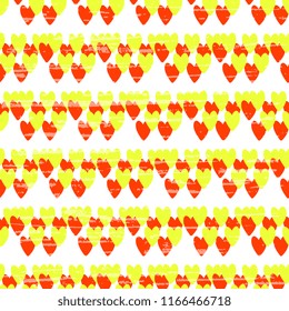 Seamless vector pattern with red and yellow hearts made from hand-made, artistic, on white background. Beautiful illustration with old vintage texture. Beautiful tile, wrap, cover, textiles, postcard,