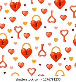 Seamless vector pattern with red  and yellow locks, keys and hearts. Cute love background. Cartoon illustration for the Saint Valentines Day. Bright wedding wrapping paper