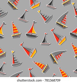 Seamless vector pattern with red and yellow ships on a gray background. Cute child illustration. Sea transport. Cartoon travel pattern.