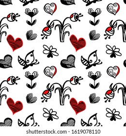 Seamless vector pattern red-black-white freehand drawing with a set of elements symbolizing love, spring, wedding. Butterfly flutters over a flower, hearts of different shapes in doodle outline style,