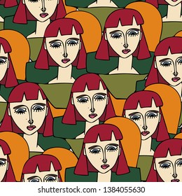 Seamless vector pattern with redhead girls. Modern wallpaper design with people. Artistic fashion textile.