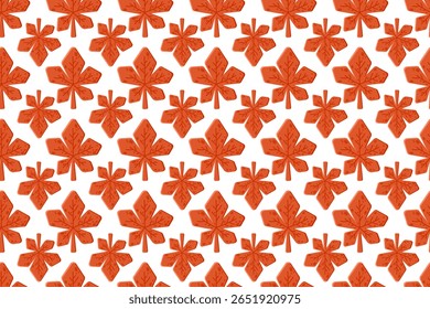 Seamless vector pattern with red-orange maple leaves in flat hand-drawn style on white background. Suitable for autumn textile prints, packaging, wrapping paper, school supplies, digital backgrounds, 