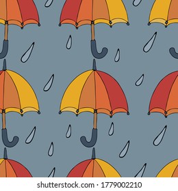 seamless vector pattern of red-yellow open umbrellas baud with raindrops on a blue background in doodle style