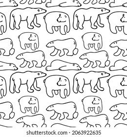 Seamless vector pattern with reindeer and polar bear hand drawn in black. Christmas repeating print in doodle style.Design for textiles,packaging,social media,wrapping paper,scrapbook paper,fabric. 