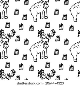 Seamless vector pattern with reindeer and polar bear hand drawn in black. Christmas repeating print in doodle style.Design for textiles,packaging,social media,wrapping paper,scrapbook paper,fabric. 