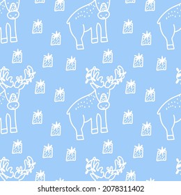 Patrón vectorial sin foco con reno en línea blanca sobre fondo aislado azul. Impresión decorativa, festiva, repetitiva, a mano brillante.Diseño para textiles, papel envolvente, empaque, tela.
