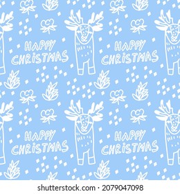 Seamless vector pattern with reindeer in white line on blue isolated background. Decorative, festive, repeating, bright hand drawn style print.Design for textiles, wrapping paper, packaging, fabric.