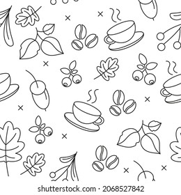 Seamless vector pattern with relax elements, berries, leaves, cup, coffee