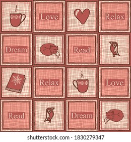 Seamless vector pattern with relaxing squares on pink background. Textured wallpaper design with fox, coffee and book. Comfort fashion textile.