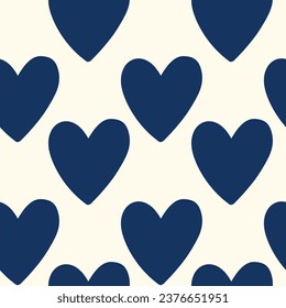 Seamless vector pattern repeat with big hand drawn navy hearts on cream background. Simple cute kids Valentines day background