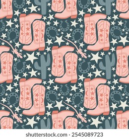 Seamless vector pattern repeat of cowboy boots, stars, horseshoes and lizards.