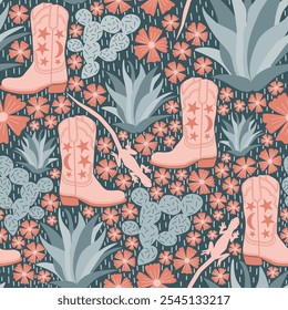 Seamless vector pattern repeat of cowboy boots, cacti, flowers and lizards