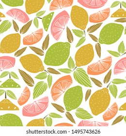 Seamless vector pattern repeat of hand-drawn citrus motifs in cheerful candy colors
