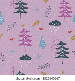 seamless vector pattern repeat of hand-drawn, abstract winter woodland motifs