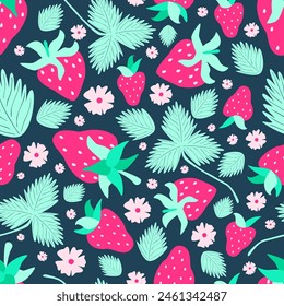 Seamless vector pattern repeat of handdrawn strawberry shapes, leaves and flowers