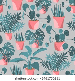 Seamless vector pattern repeat of handdrawn houseplants on a neutral background.