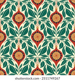 Seamless vector pattern repeat of handdrawn vintage Christmas baubles in red and yellow with green leaf motifs 