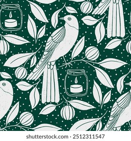 Seamless vector pattern repeat of handdrawn winter bird, leaf and branch motifs with scattered snowflakes 