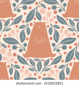 Seamless vector pattern repeat of handdrawn winter bear and leaf motifs 