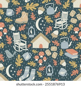 Seamless vector pattern repeat of handdrawn cabincore woodland motifs