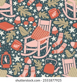 Seamless vector pattern repeat of handdrawn rocking chair and woodland motifs for a cosy cabin vibe.