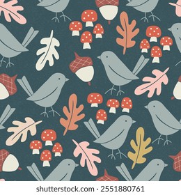Seamless vector pattern repeat of handdrawn bird and woodland motifs on a dark background 