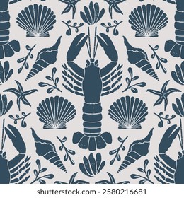 Seamless vector pattern repeat of handdrawn textured lobster, shell and seaweed motifs in a monochrome palette.