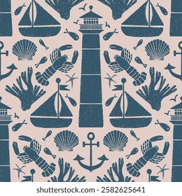 Seamless vector pattern repeat of handdrawn lighthouse, lobster, boat and ocean motifs which lean into the fisherman aesthetic trend on a textured blush pink background 