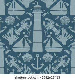 Seamless vector pattern repeat of handdrawn ocean motifs on a textured dark background which leans into the fisherman aesthetic trend.