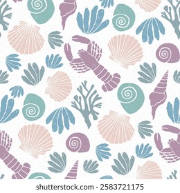 Seamless vector pattern repeat of handdrawn textured marine motifs leaning into the fisherman aesthetic trend.