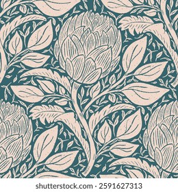 Seamless vector pattern repeat of handdrawn artichoke, stem and leaf motifs on a textured background.