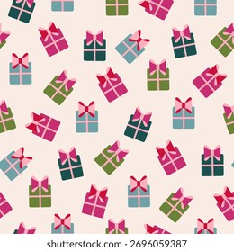 Seamless vector pattern repeat of handdrawn Christmas gift motifs on a neutral background 