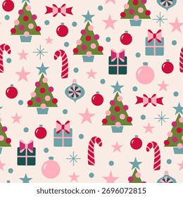 Seamless vector pattern repeat of handdrawn Christmas motifs on a neutral background 