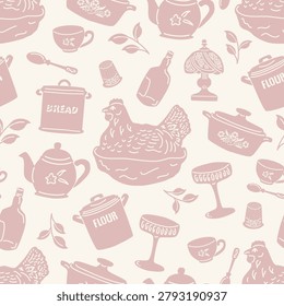 Seamless vector pattern repeat of handdrawn thrift, antique and vintage motifs in a monochrome colour palette.