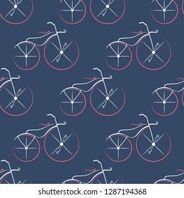Seamless vector pattern from the repeating ancient bicycles on a blue background. Steampunk vintage bicycle. New minimalism. Drawing for design. Endless texture for textile design. 