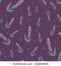 Seamless vector pattern with repeating elements of lavender flowers. Floral print for textile design, scrapbook paper, wallpaper or aromatheraphy concept. Cute botany sketch with hand drawn herbs. 