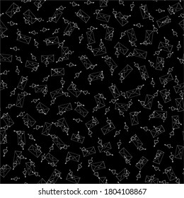 Seamless vector pattern of repeating envelopes with a heart. Hand-drawn Doodle in white on a black background. Cute hearts pierced by an arrow. For packaging, postcards in a modern Doodle style.