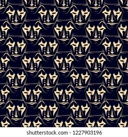 Seamless vector pattern from repeating gold theatrical masks on a black background. Curtain. Comedy. Tragedy. Cheerful and sad actor. Kind and evil. Endless texture for textile design. Vintage style. 