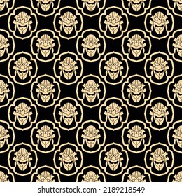 Seamless vector pattern. Repeating golden helmets on a brown background. Japanese pattern. Vector image of a helmet of the Samurai. Endless texture for textile design. Vector color background.