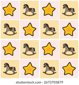 Seamless vector pattern with repeating gray rocking horses and yellow stars on pastel pink and beige background, perfect for kids textile or nursery decor.